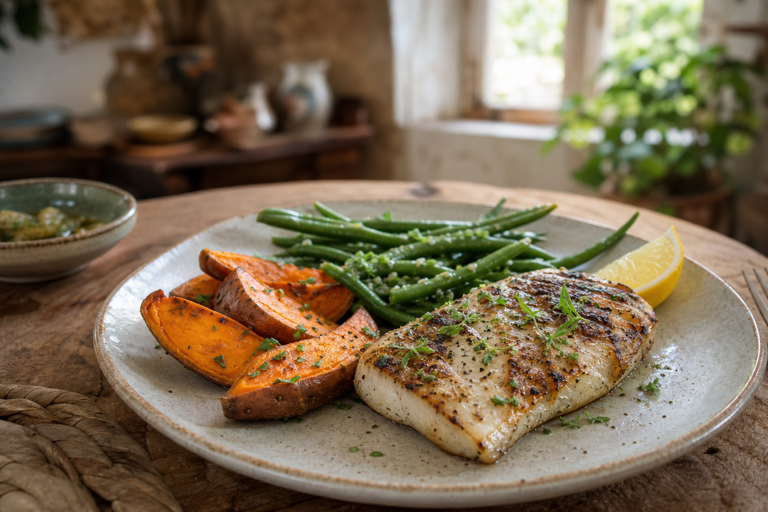 Prato mediterrânico equilibrado com peixe e legumes